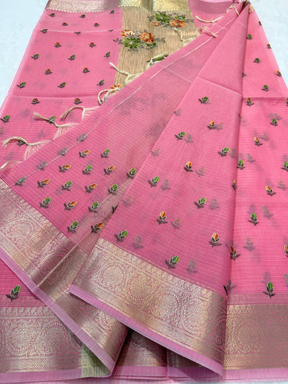 Pink shade cotton kota embroidery Banarasi saree