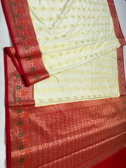 Off white red shade Dupion Silk premium Banarasi Saree