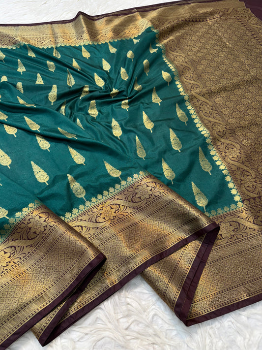 Bottle green wine shade Dupion Silk Banarasi Saree 