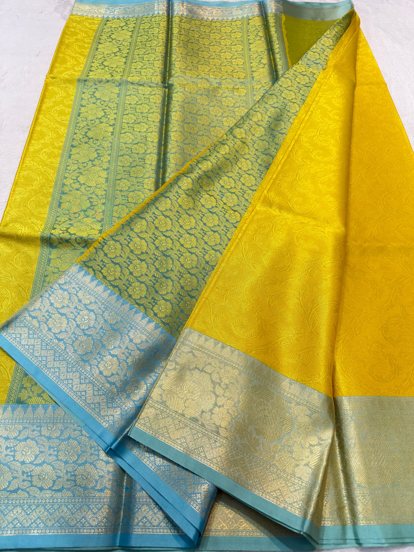 Gold firozi shade kora silk premium Banarasi saree