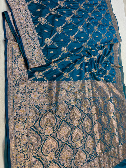 Dark ferozi shade Bridal Mashru ari & stone Silk Banarasi Saree