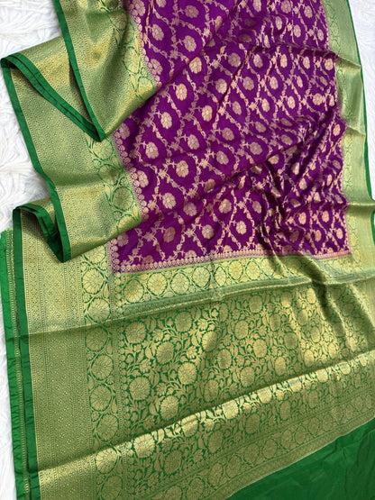 Magenta bottle green shade  Dupion Silk premium Banarasi Saree
