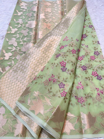 Parrot green shade kora organza embroidery Banarasi saree
