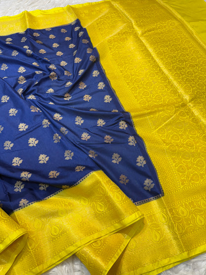 Blue yellow shade Dupion Silk premium Banarasi Saree