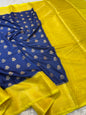 Blue yellow shade Dupion Silk premium Banarasi Saree