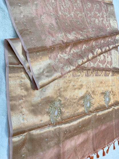 Peach shade tissue kota designer handwork premium Banarasi saree