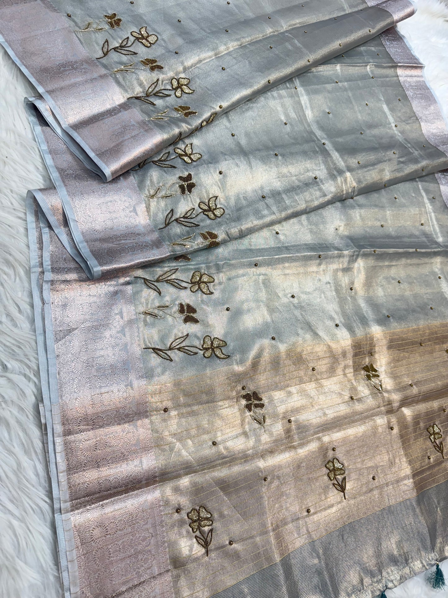 Silver shade tissue kota designer handwork premium Banarasi saree