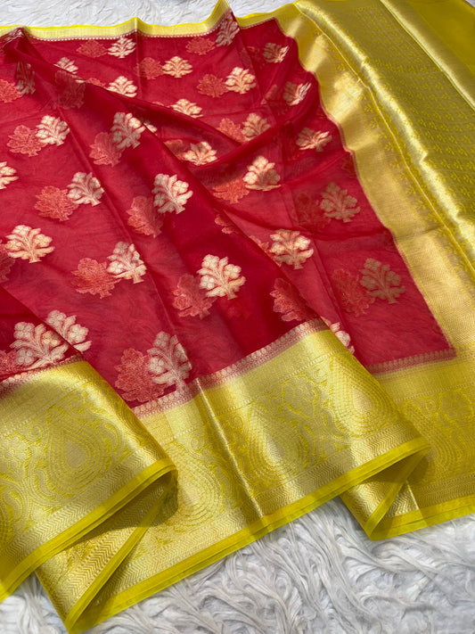 Red yellow warm silk premium Banarasi saree
