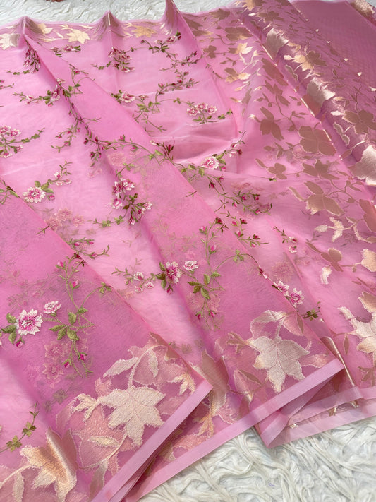 Pink shade kora organza embroidery Banarasi saree
