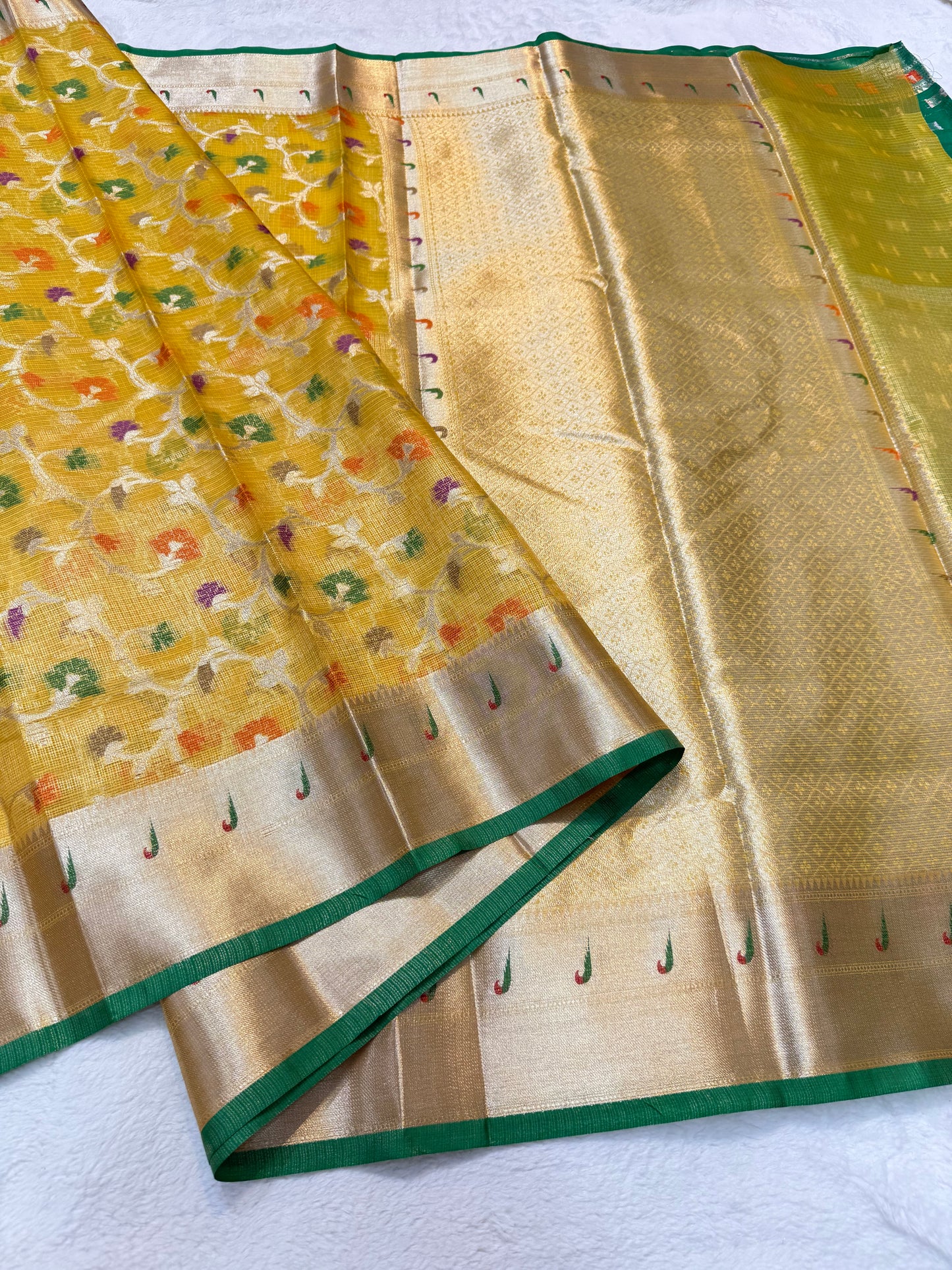 Gold & multicolour shade tissue kota premium paithani border designer banarasi saree