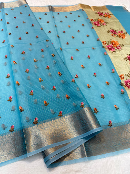 Sky blue shade cotton kota embroidery Banarasi saree