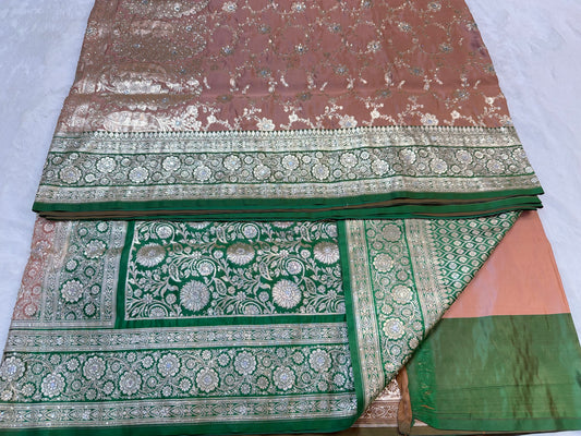 Peach & bottle green shade Bridal Satan katan ari & stone work Banarasi silk Saree