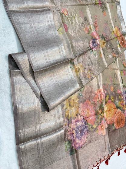 multicolour tissue silk digital print handwork premium Banarasi saree