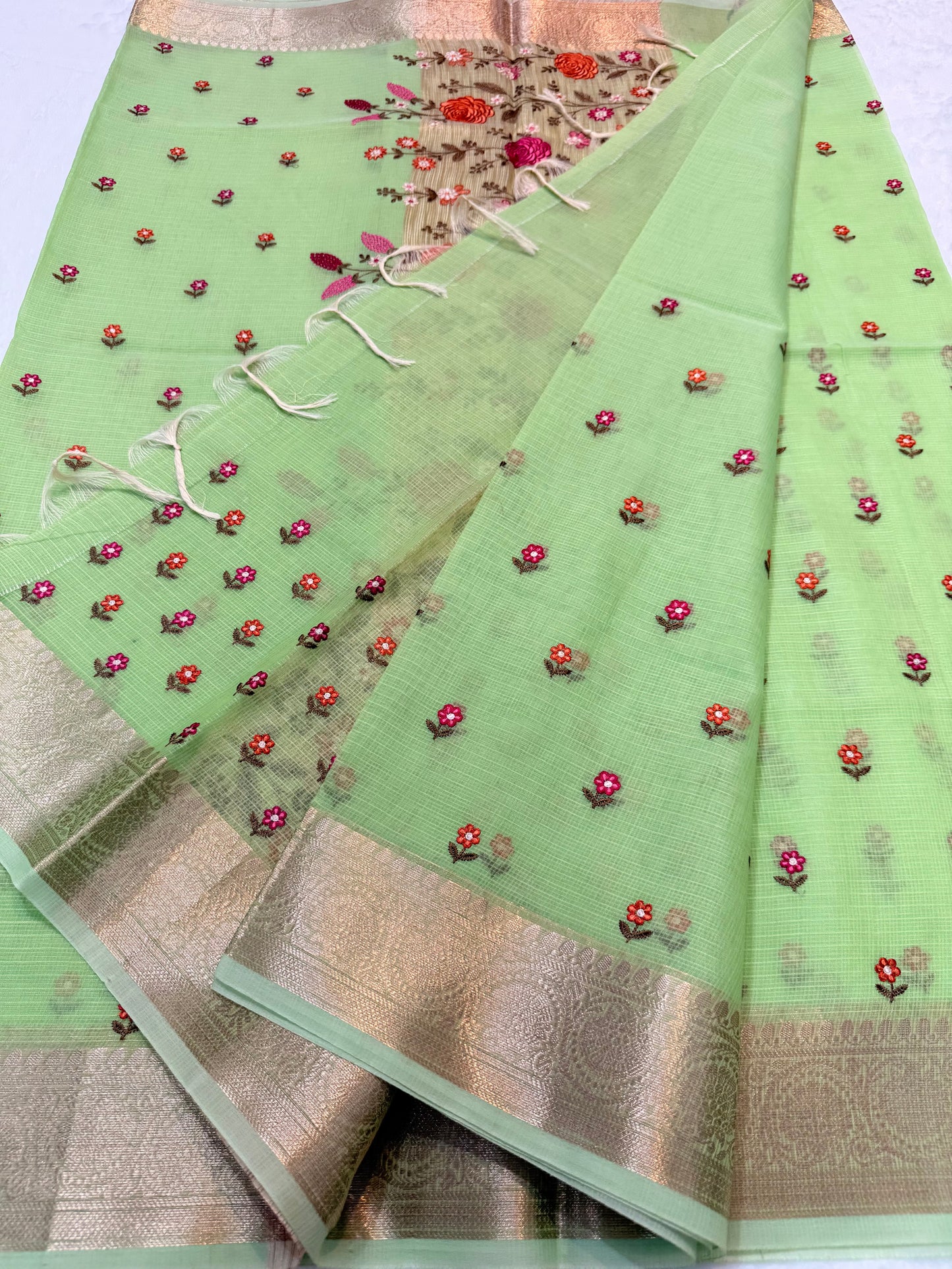 Pista green  shade cotton kota embroidery Banarasi saree
