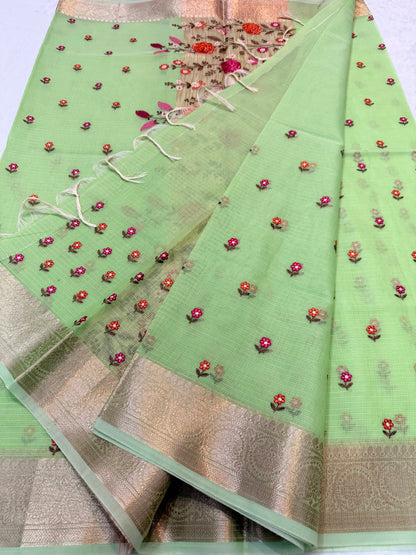 Pista green  shade cotton kota embroidery Banarasi saree