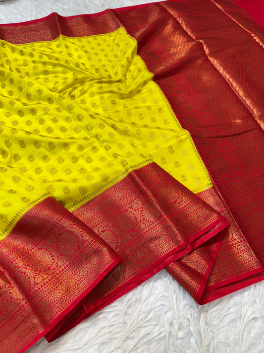 Yellow red shade Dupion Silk Banarasi  Saree 
