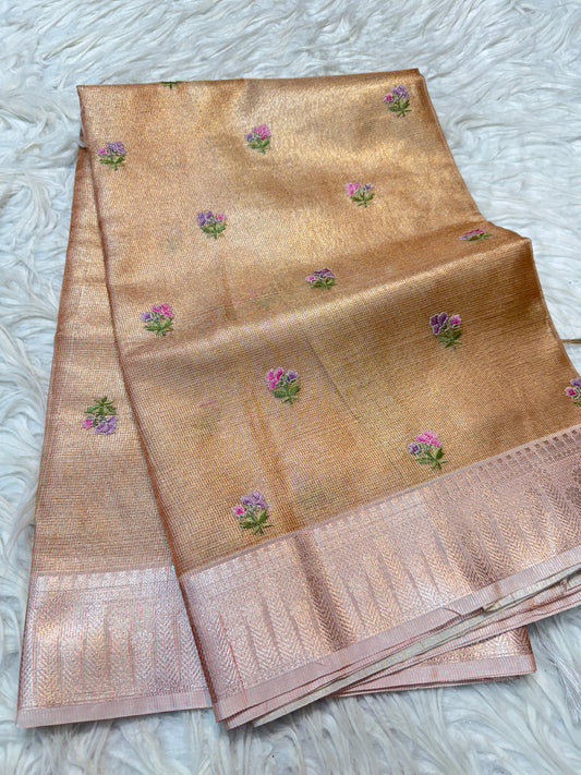 Pink shade tissue kota embroidery primum Banarasi saree