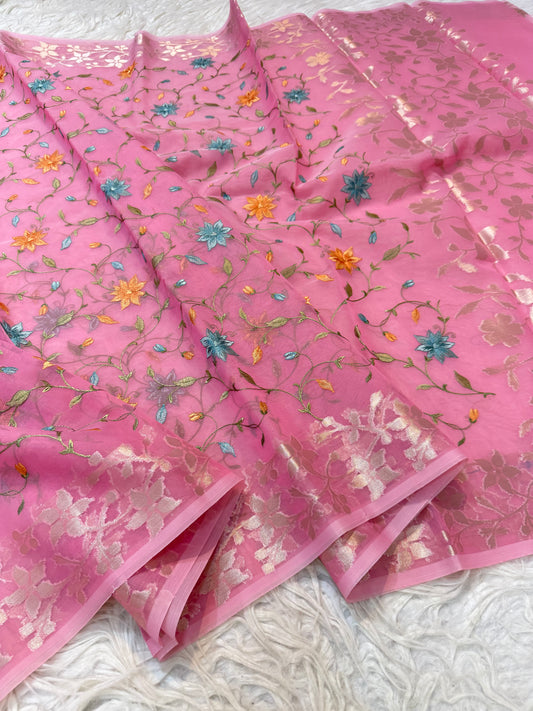 Pink shade kora organza  embroidery Banarasi saree