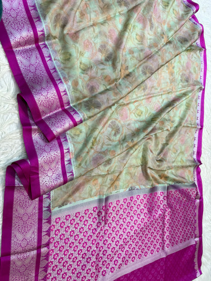 Multi colore warm silk digital print Banarasi saree