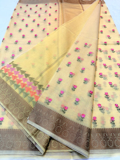Yellow shade cotton kota embroidery Banarasi saree