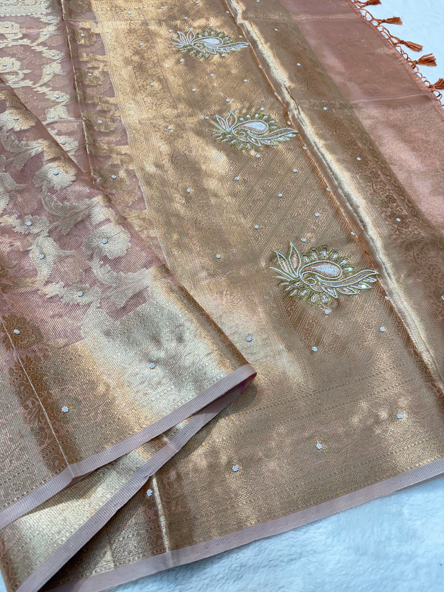Peach shade tissue kota designer handwork premium Banarasi saree