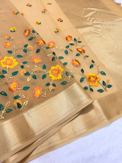 Beige shade organza designer premium embroidery Banarasi saree