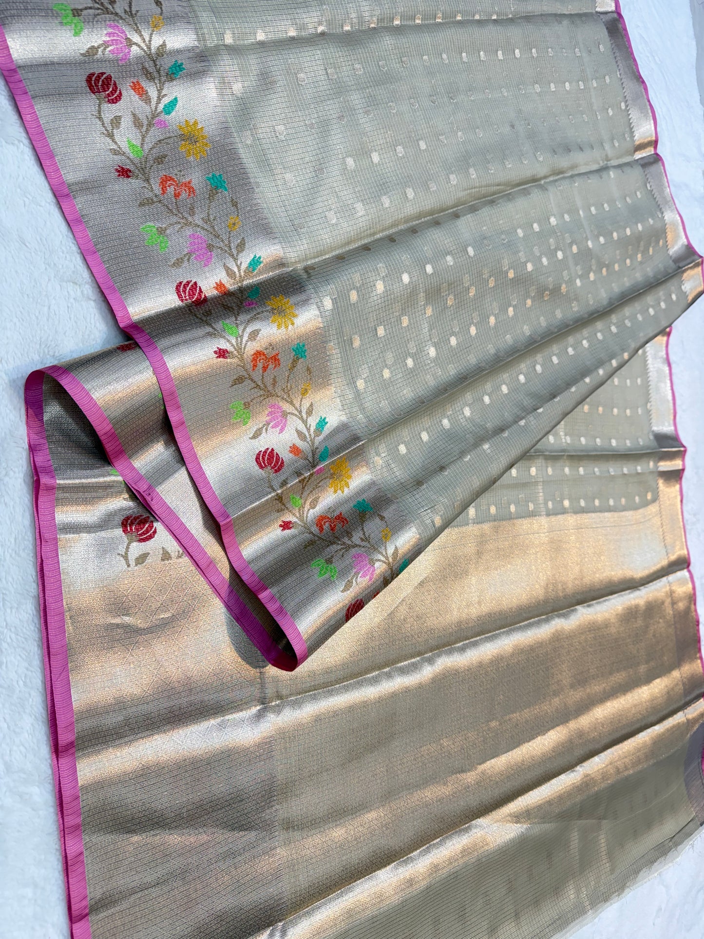 Gray & multicolour shade tissue kota premium paithani border designer banarasi saree