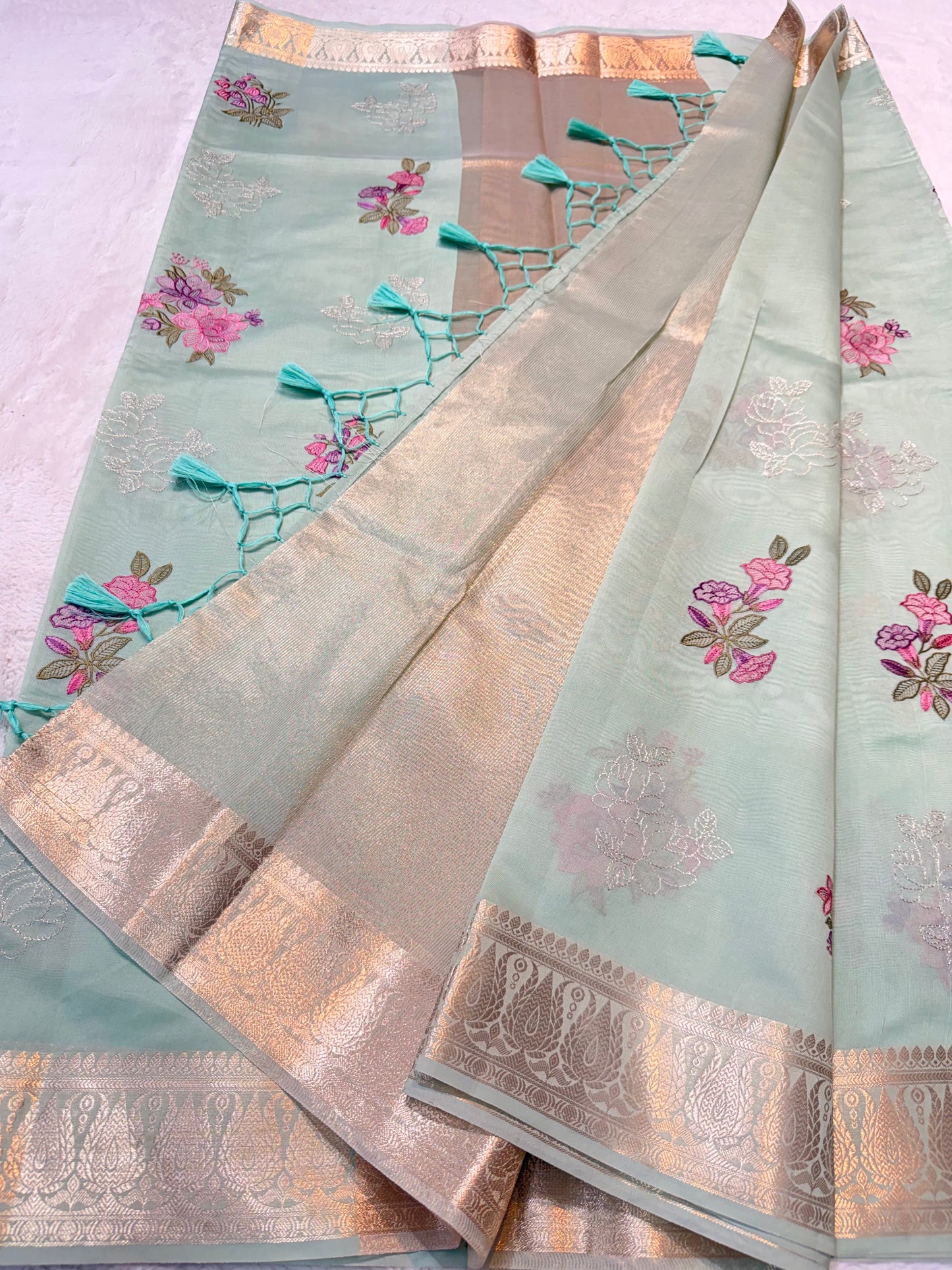 Sea green shade soft silk designer  premium embroidery Banarasi saree