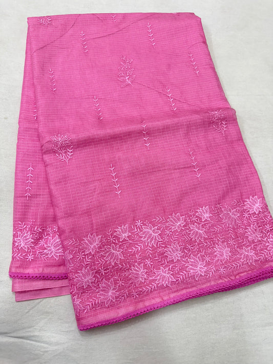 Pink shade cotton kota chickenkari embroidery Banarasi saree