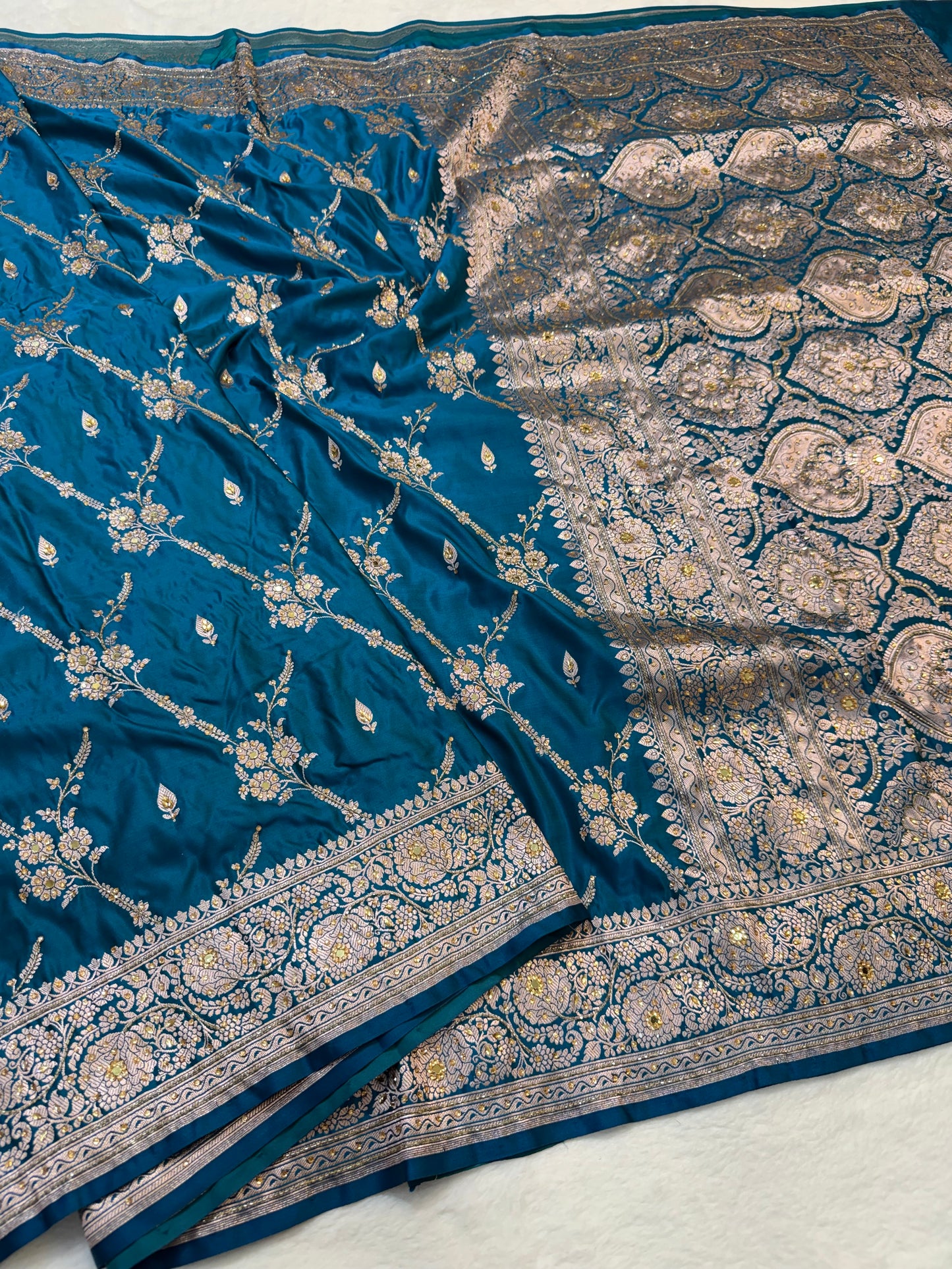 Dark ferozi shade Bridal Mashru ari & stone Silk Banarasi Saree