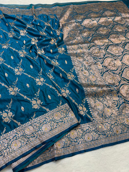 Dark ferozi shade Bridal Mashru ari & stone Silk Banarasi Saree