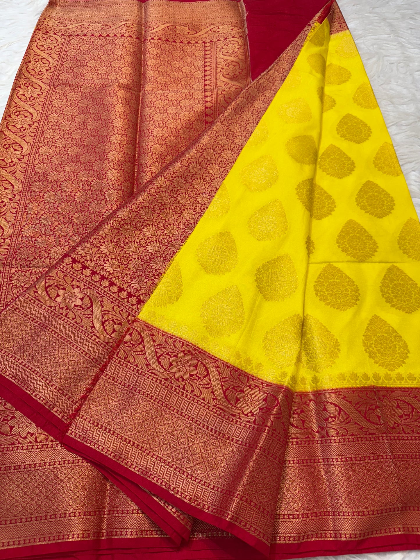 Yellow & red Dupion Silk Banarasi Saree 