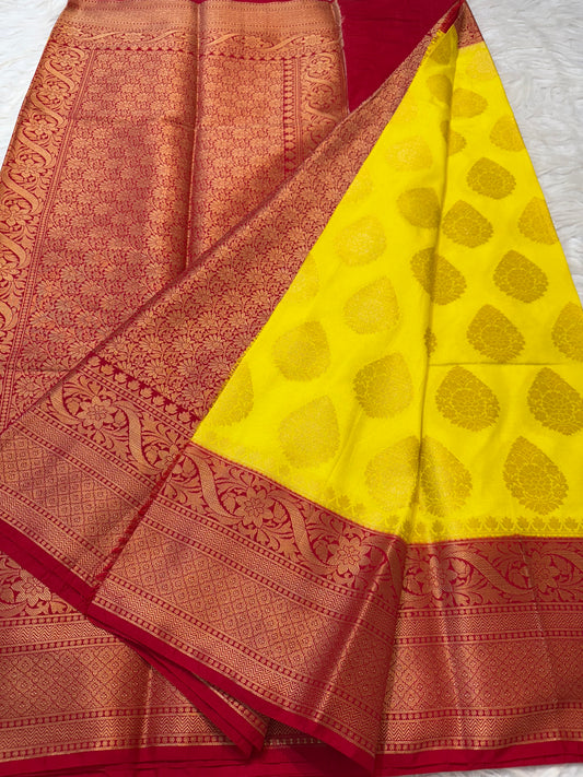 Yellow & red Dupion Silk Banarasi Saree 