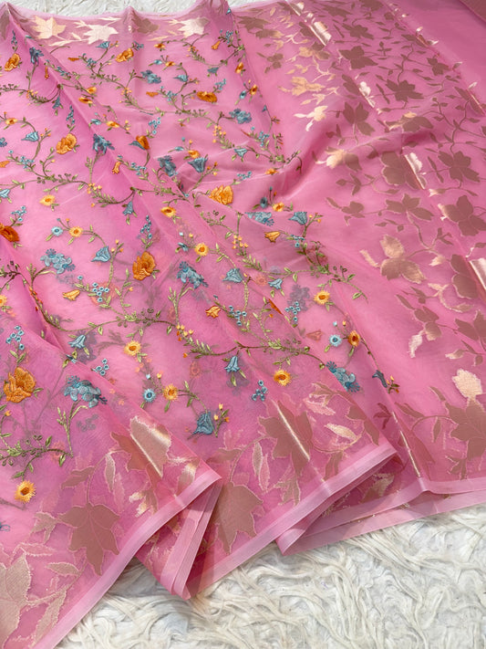 Pink shade  kora organza embroidery Banarasi saree