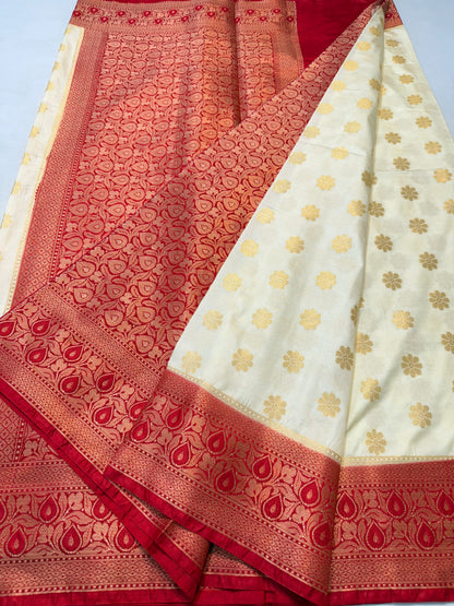 Off white & red shade  Dupion Silk premium Banarasi Saree