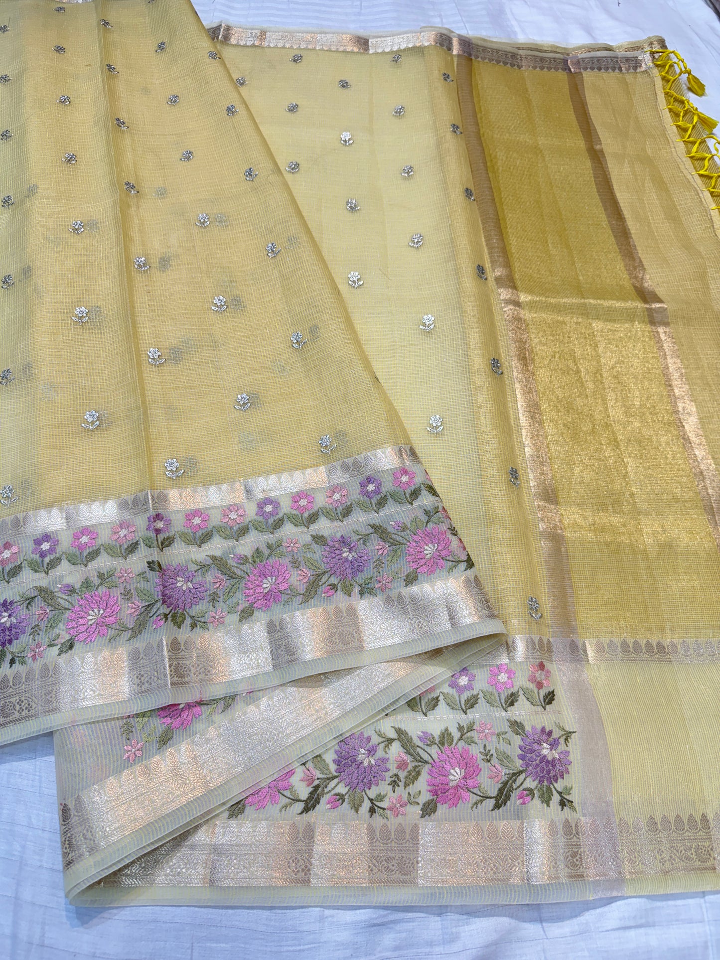 Yellow shade cotton kota designe embroidery premium Banarasi saree