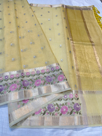 Yellow shade cotton kota designe embroidery premium Banarasi saree