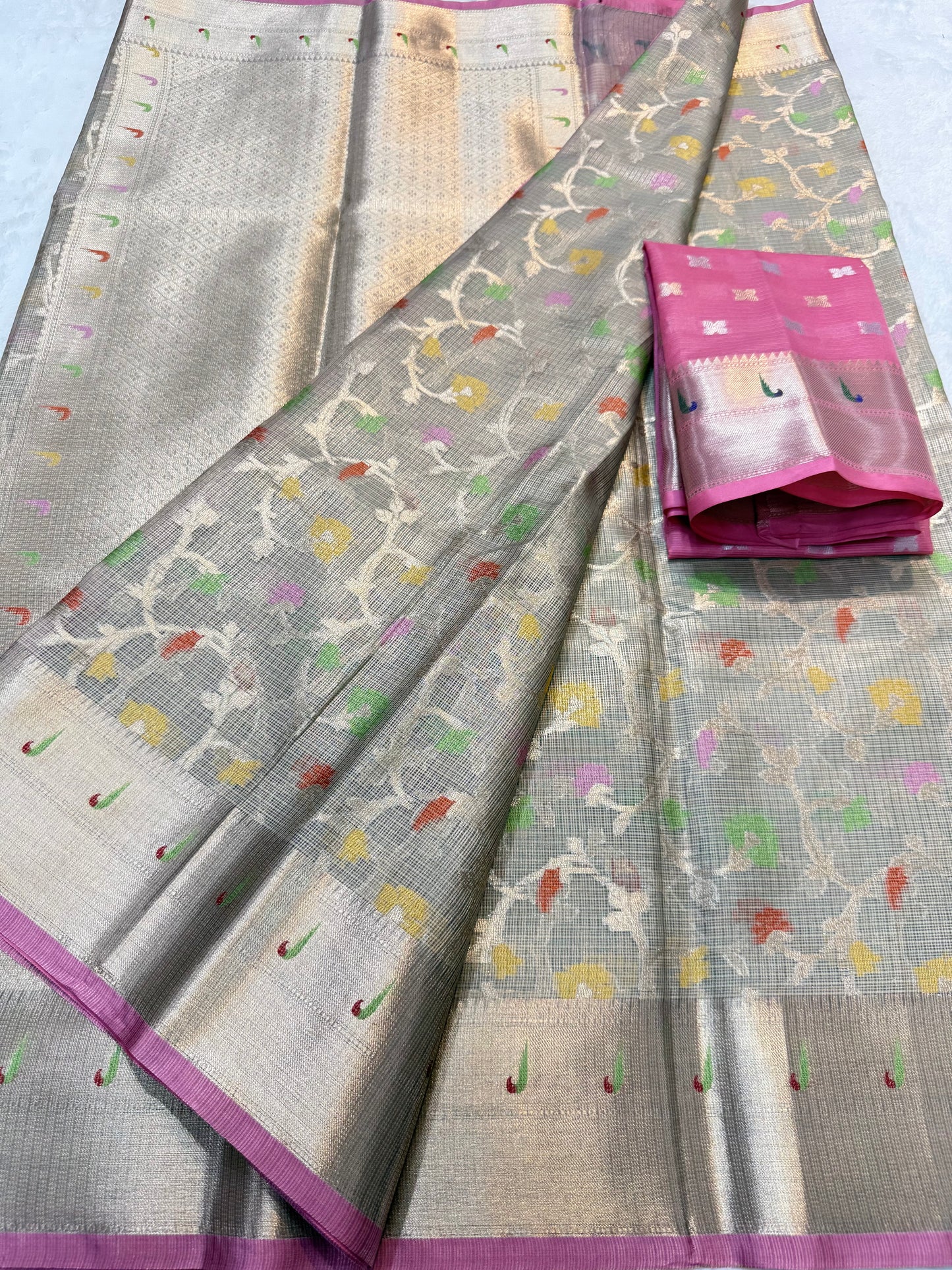 Gray & multicolour shade tissue kota premium paithani border designer banarasi saree