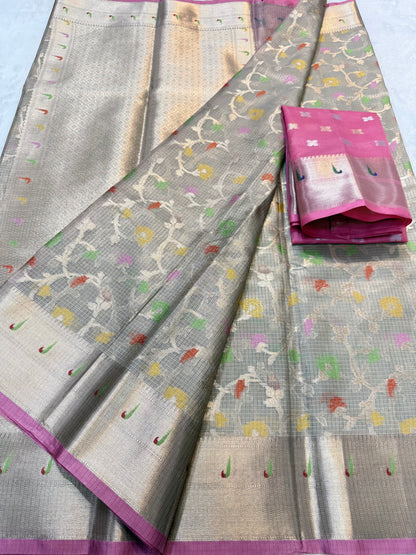 Gray & multicolour shade tissue kota premium paithani border designer banarasi saree