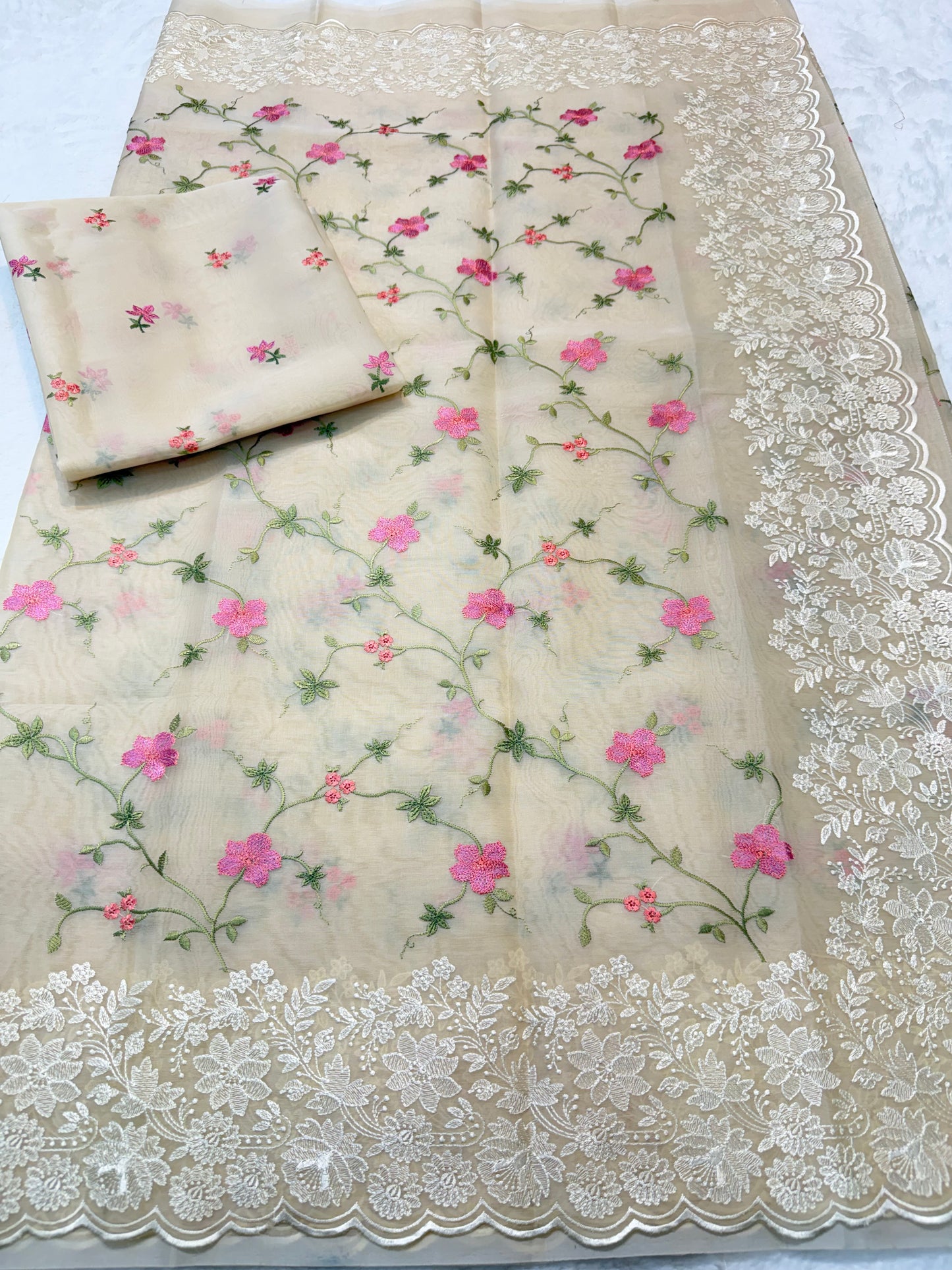 Off white shade organza designer cutwork premium embroidery Banarasi saree