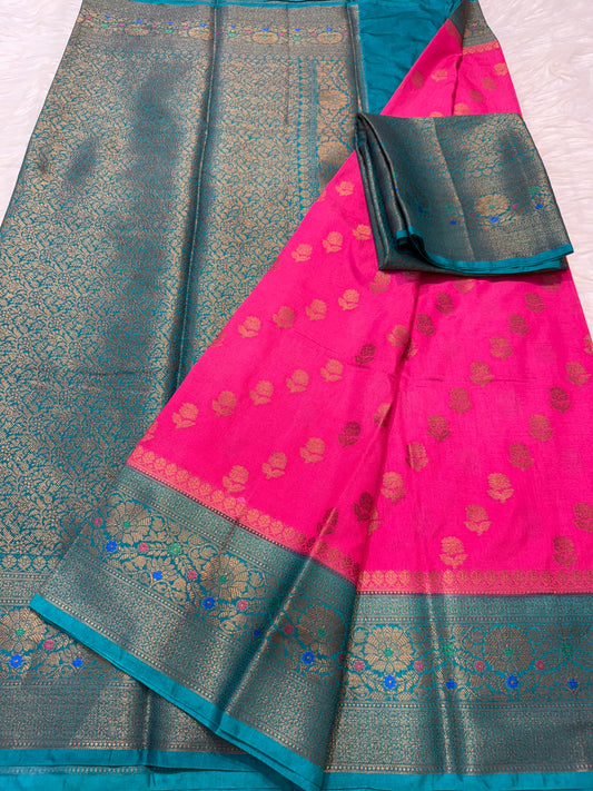 Royal pink sea green shade  Dupion Silk premium Banarasi Saree