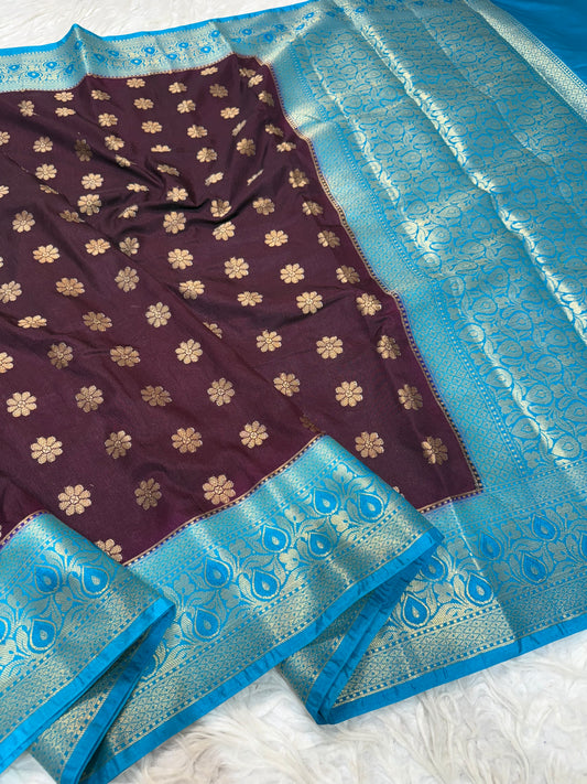 Wine & firozi shade  Dupion Silk premium Banarasi Saree