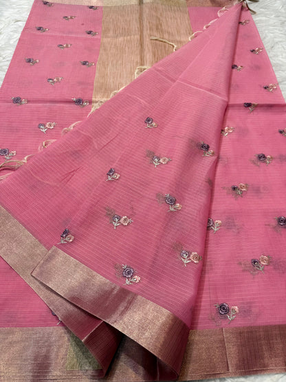 Pink shade cotton kota embroidery Banarasi saree