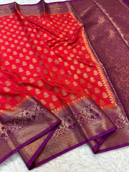Red & magenta Dupion Silk premium Banarasi Saree