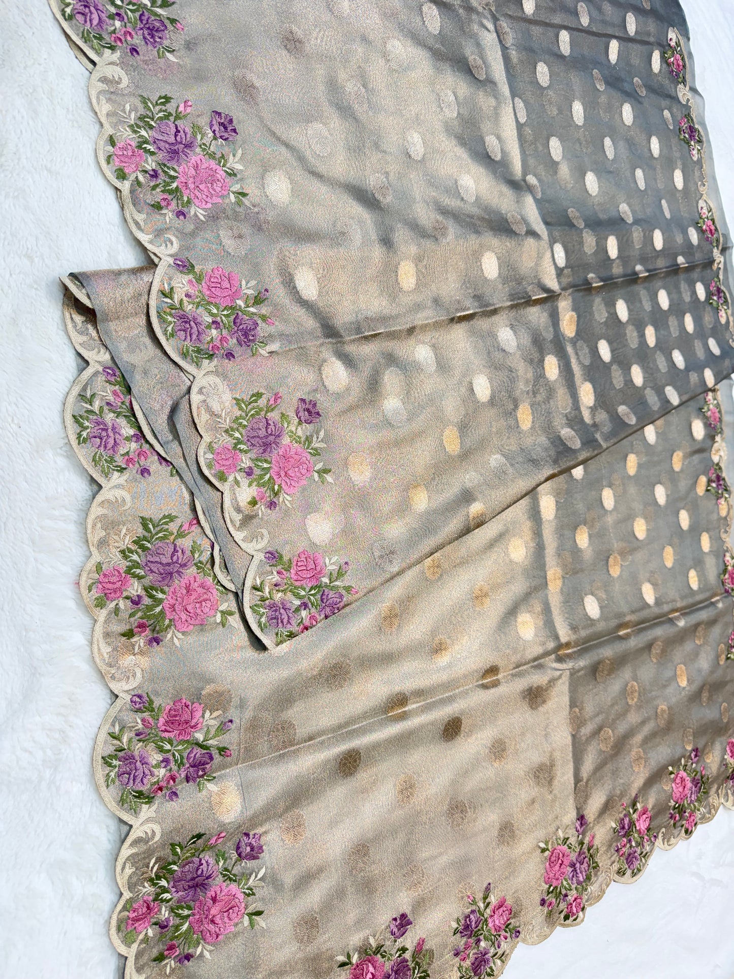Gray shade tissue cutwork embroidery premium designer Banarasi saree