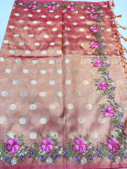 Peach shade tissue cutwork embroidery premium designer Banarasi saree