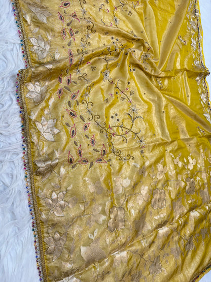 Yellow shade tissue ari & zardosi work designer premium Banarasi saree
