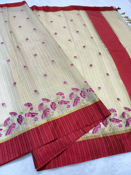 Beige red shade kota embroidery Banarasi saree