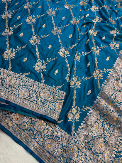 Dark ferozi shade Bridal Mashru ari & stone Silk Banarasi Saree