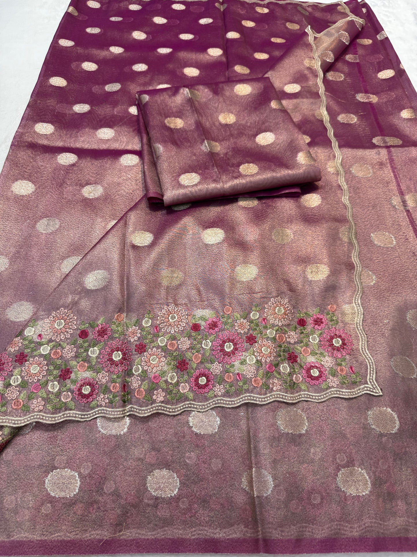 Maroon shade tissue cutwork embroidery premium designer Banarasi saree